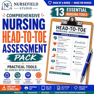 May include: A comprehensive nursing head-to-toe assessment pack featuring a clipboard with a printed guide for neuro, cardiac, respiratory, GI, GU, and integumentary systems. Includes a blue pen and text indicating US letter 8.5 inch by 11 inch size.