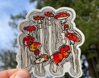 Red Mushrooms Fairy Ring Watercolor Sticker- Matte Vinyl, whimsical cottage core vinyl decal