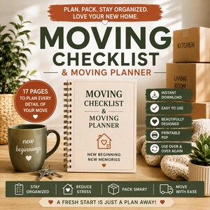Puede incluir: Un planificador de mudanzas con espiral y cubierta color crema que muestra el texto Moving Checklist & Moving Planner, un icono de casa con un corazón y New Beginning New Memories. Incluye una taza verde con el texto new beginnings y llaves.