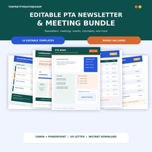 PTA Newsletter Template, PTA Meeting Agenda, Meeting Minutes, Editable PTA Bundle, School Templates