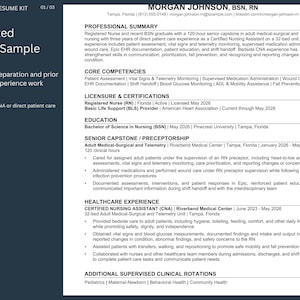 Pode incluir: Um modelo de currículo profissional para um enfermeiro recém-formado, com seções para resumo profissional, competências, licenças, educação, estágio e experiência em saúde com texto detalhado sobre habilidades de enfermagem.
