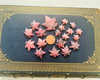 19 Rhodonite maple leaf carved cabochons gemstones jewelry making findings 3 sizes mixed lot pink gemstone flat back stones