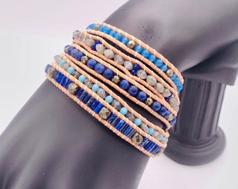 Mixed blues gemstone bead wrap bracelet lapis labradorite pyrite layered bracelet beaded bracelet womens stacked bracelet navy tan gray