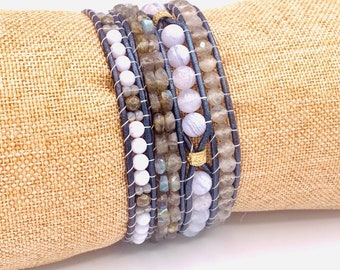 Blues and gray gemstone bead wrap bracelet labradorite lace agate moonstone layered bracelet beaded bracelet womens stacked bracelet boho