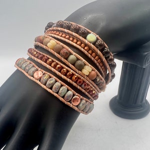 Earthy layered wrap bracelet 7.5” - 7.75” browns greens beaded gemstone glass beads boho