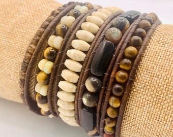 Brown and black gemstone bead wrap bracelet  women’s men’s gemstone layered bracelet tigers eye earthy bracelet leather stacked bracelet