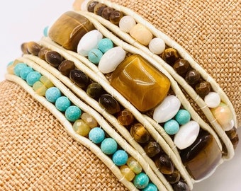 Tigers eye wrap bracelet women’s men’s gemstone stacked bracelet layered leather stone beads bracelet cream brown turquoise stacked bracelet