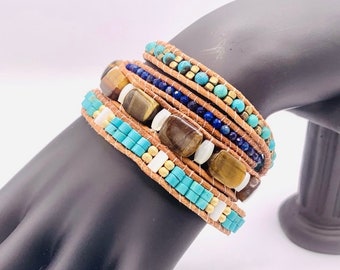 Boho gemstone women’s wrap bracelet tigers eye bead bracelet layered leather lapis stone bracelet chakra stacked handmade bracelet