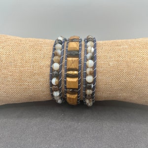 Earthy wrap bracelet 7.1” - 7.4” wood jasper tigers eye layered navy leather cord orange brown gemstone bead boho