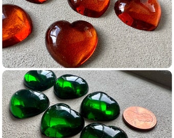 6 vintage Czech glass puffy heart cabochons 24mm rare jewelry making findings green  orange