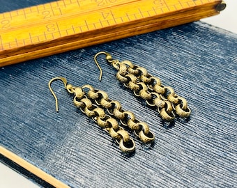 Unique vintage chain Minimalist earrings antique bronze tone dangles simple handmade pierced minimal tassel earrings