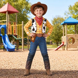 Könnte beinhalten: Ein Cowboy-Kostüm bestehend aus einem braunen Filzhut, einem gelben Langarmshirt mit rotem Karomuster, einer weißen Weste mit schwarzen Kuhflecken, einem roten Halstuch, einer blauen Jeanshose, einem braunen Gürtel mit Holster und braunen Stiefeln.