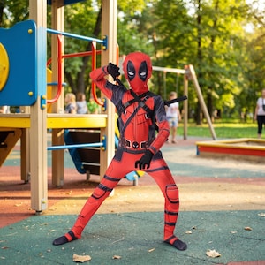 May include: A red and black full-body jumpsuit costume featuring a matching mask with white eye patches, black harness straps across the chest, and printed belt details. The outfit includes long sleeves and trousers with black accents.