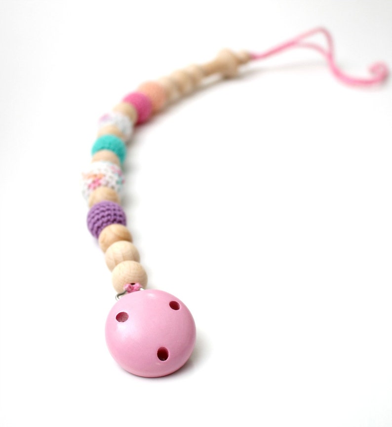 Pacifier clip Baby dummy chain Crochet wooden teething toy Etsy