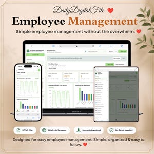 May include: A digital employee management dashboard displayed on a laptop, smartphone, and tablet. The interface features charts, attendance trends, and employee data. Text includes DailyDigitalFile, Employee Management, and Simple employee management without the overwhelm.