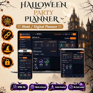 Peut inclure: Un planificateur de fête d'Halloween numérique affiché sur un ordinateur portable, un smartphone et une tablette. L'interface présente un thème sombre avec des accents orange, montrant un compte à rebours et des graphiques. Texte : HALLOWEEN PARTY PLANNER.