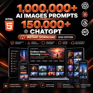 May include: A digital product bundle featuring 1,000,000+ AI image prompts and 150,000+ ChatGPT prompts for the 2026 edition. The display shows a laptop, tablets, and a smartphone showcasing various AI-generated images and interface menus.