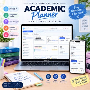 May include: A digital academic planner displayed on a laptop and smartphone screen, featuring a dashboard with assignment trackers, task managers, and progress charts. The setup includes a stack of textbooks, a notebook with handwritten goals, and pens.