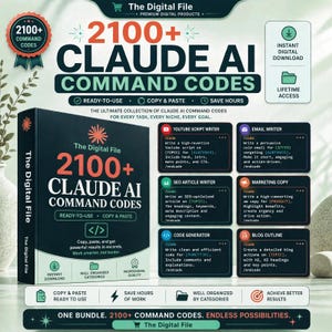 Könnte beinhalten: Ein digitales Produktpaket mit dem Titel 2100+ CLAUDE AI COMMAND CODES, bestehend aus einem schwarzen buchähnlichen Cover mit weißem und orangefarbenem Text. Es enthält sechs dunkle rechteckige Boxen mit Beispielbefehlen für YouTube, E-Mail, SEO, Marketing, Code und Blogs.