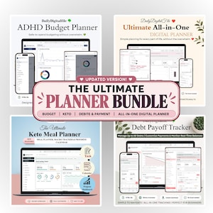 Op de afbeelding: Een digitaal plannerpakket met vier verschillende sjablonen: ADHD Budget Planner, Ultimate All-in-One Digital Planner, Keto Meal Planner en Debt Payoff Tracker. Elk gedeelte toont interface-screenshots op laptops en mobiele apparaten.