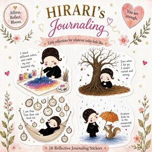 以下が含まれることがあります： Hirari's Journalingと題された16枚の反射ジャーナリングステッカーシート。黒い服と星柄の帽子をかぶったキャラクターが絵を描いたり、木の下に座ったり、ハンモックで休んだり、リスと一緒に傘をさしたりしている4つの大きなイラスト。テキストには、I blend different colors, Even when I let go, I am free, Kindness finds meなどのアファメーションが含まれています。