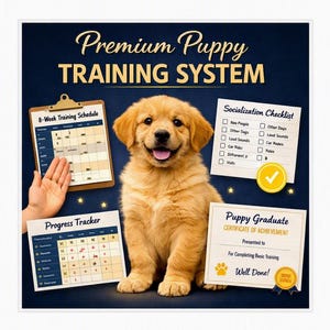 Peut inclure: Un système de dressage pour chiots Premium avec un chiot golden retriever entouré de documents incluant un planning de 8 semaines, une liste de socialisation, un suivi de progrès et un certificat de réussite sur un fond bleu foncé.