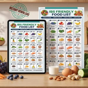 May include: An IBS Friendly Food List chart displayed on a tablet screen and a printed poster. The chart features a grid of thirty numbered food items with illustrations and descriptions, titled IBS Friendly Food List with health icons.