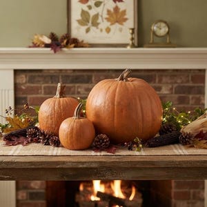 May include: Three orange pumpkins of varying sizes arranged on a tan plaid table runner. The display includes brown pinecones, dark purple corn cobs, green foliage, and small white string lights nestled among the pumpkins on the wooden table.