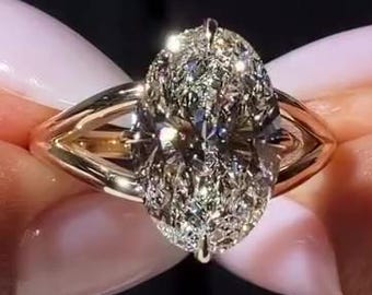 Elongated Oval Cut Moissanite Engagement Ring, Split Shank Solitaire Ring