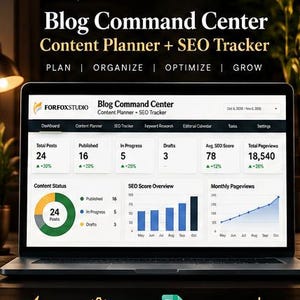 Op de afbeelding: Een laptopscherm met het ForFoxStudio Blog Command Center, een digitale contentplanner en SEO-tracker. Het dashboard bevat datastatistieken, een ringdiagram en een lijngrafiek voor paginabezoeken, met tekstlabels voor planning.