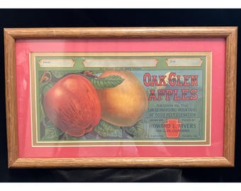 Ingelijst en met passe-partout voorzien fruitkratlabel met reclame voor Oak Glen Apples, Californië. Vintage kunst.