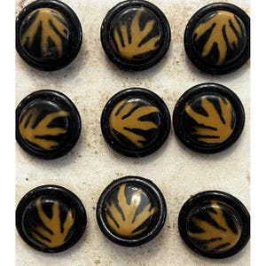 May include: A set of nine round buttons arranged in a three-by-three grid. Each button features a glossy black circular border surrounding a central inlay with a tan, leaf-like or branch-shaped pattern set against a dark black background.