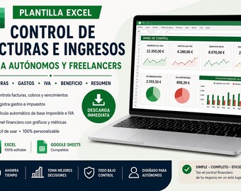Puede incluir: Plantilla de Excel para el control de facturas e ingresos para autónomos y freelancers mostrada en una pantalla de portátil. La interfaz muestra un panel financiero con gráficos, métricas y tablas de datos. Incluye el texto "CONTROL DE FACTURAS E INGRESOS".