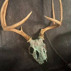 May include: A deer skull with a weathered, verdigris-toned patina finish featuring a textured, oxidized green and brown surface. The skull is topped with a pair of large, natural-colored, multi-pointed antlers that extend upward and outward.