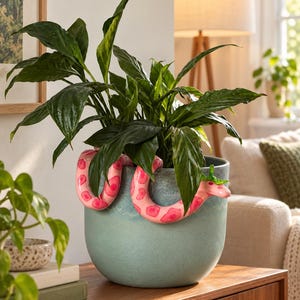 Pode incluir: Um vaso de plantas em cerâmica azul-petróleo fosco com uma cobra decorativa rosa com manchas vermelhas enrolada na borda. O vaso contém uma planta lírio-da-paz verde exuberante com folhas escuras e pontiagudas voltadas para cima.