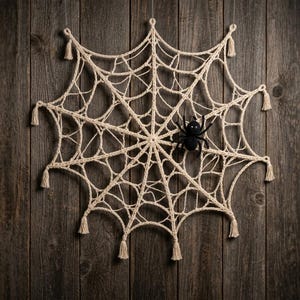 May include: A beige crocheted spider web wall hanging featuring a radial design with small tassels at each outer point. A small, black, plush spider with eight legs and two white eyes is attached to the right side of the web structure.