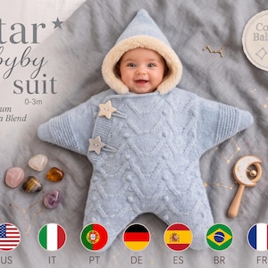 May include: A light blue star-shaped baby suit made of an alpaca blend, featuring a hood with a cream-colored lining, two star-shaped buttons, and a textured knit pattern. Text on the image reads: star byby suit, 0-3m, Premium Alpaca Blend.