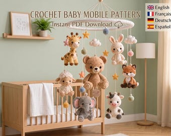 May include: A crochet baby mobile pattern featuring a circular white frame with hanging stuffed animals including a giraffe, bear, sheep, elephant, rabbit, fox, and cow, interspersed with small crocheted stars, clouds, and spheres in various colours.