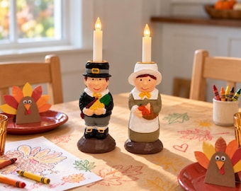 Vintage Teleflora Pilgrim Candle Holders, Faux Wood Resin Thanksgiving Tablescape Decor, 5.5-Inch Pair