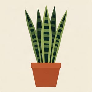 May include: A potted snake plant featuring tall, pointed, upright leaves with a variegated pattern of light green and dark green horizontal stripes. The plant is housed in a simple, solid terracotta-colored pot with a flat rim and tapered base.