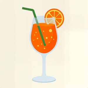 Könnte beinhalten: Ein langstieliges Glas gefüllt mit einem leuchtend orangefarbenen kohlensäurehaltigen Getränk, mit einem nach links abgewinkelten grünen Strohhalm und einer Orangenscheibe als Garnitur am Rand, als flache Grafik auf hellem Hintergrund.