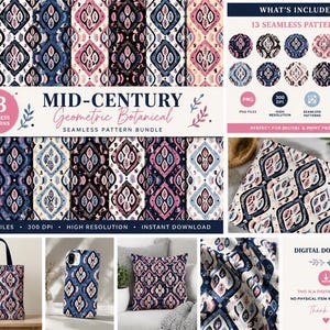 Peut inclure: Un ensemble numérique de 13 motifs sans couture présentant des éléments botaniques géométriques dans des tons bleu marine, rose et crème. La collection comprend des fichiers PNG, une résolution de 300 DPI et des exemples appliqués sur un sac.