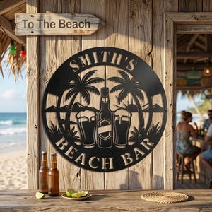 May include: A circular black metal wall sign featuring a cutout design of two palm trees, a beer bottle, and two beer glasses. The text "SMITH'S" is arched at the top and "BEACH BAR" is arched at the bottom. The sign is mounted on a wooden wall.