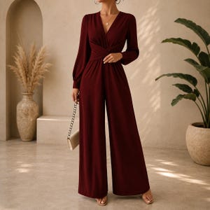 Wrap Jumpsuit, Long Sleeve Wide Leg Romper, Elegant Evening Outfit, Women Fashion