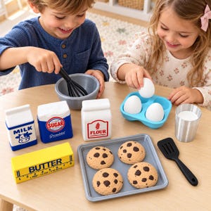 May include: A wooden toy baking set featuring a gray mixing bowl with a black whisk, a blue egg carton with white eggs, a milk carton, a sugar bag, a flour bag, a yellow butter stick with measurement markings, a baking sheet with four cookies, and a black spatula.