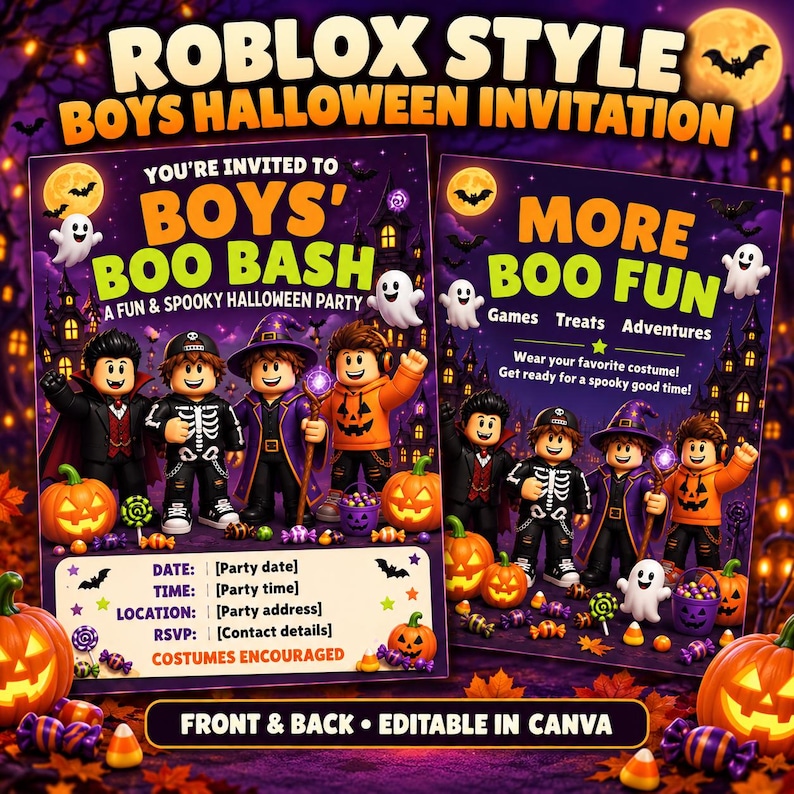 Roblox Style Boys Halloween Invitation, Editable Canva Template ...