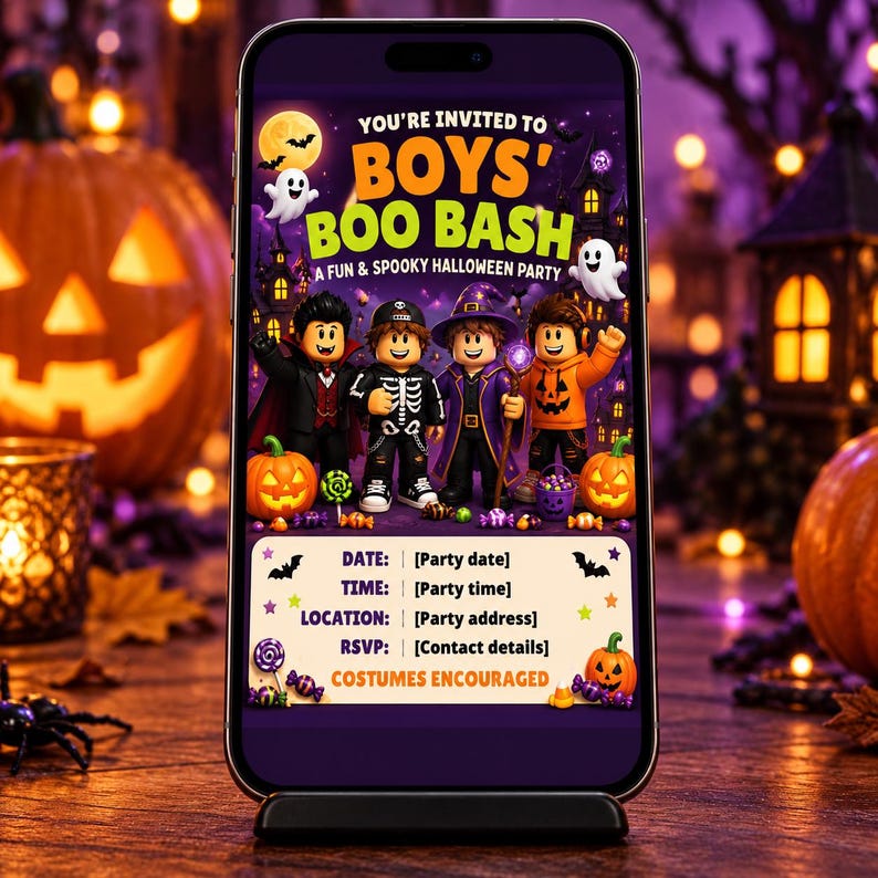 Secleton Loading Placeholders Roblox Style Boys Halloween Invitation, Editable Canva Template ...
