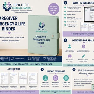 May include: A light green binder titled Project Guiding Hands Caregiver Emergency & Life Binder with a snap closure. The image includes informational panels detailing a 62-page digital download, printable forms, and sections for medical history, medications, and emergency plans.