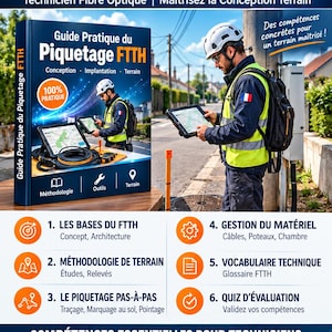 Könnte beinhalten: Ein digitaler Leitfaden mit dem Titel LE PIQUETAGE FTTH GUIDE PRATIQUE PDF, der einen Techniker mit Schutzhelm und Warnweste bei der Arbeit mit einem Tablet zeigt. Das Dokument umfasst sechs Abschnitte zu Glasfasernetzplanung, Feldmethodik und Fachvokabular.