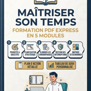 Può includere: Una copertina di libro intitolata MAÎTRISER SON TEMPS con un'icona a forma di orologio, cinque moduli numerati tra cui Priorités & Objectifs, Planification Stratégique, Éliminer les Chronophages, Gestion des Interruptions, Matrice d'Eisenhower e una persona alla scrivania.